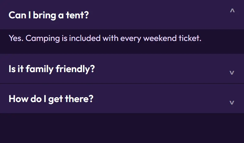 A festival FAQ with the first question open.