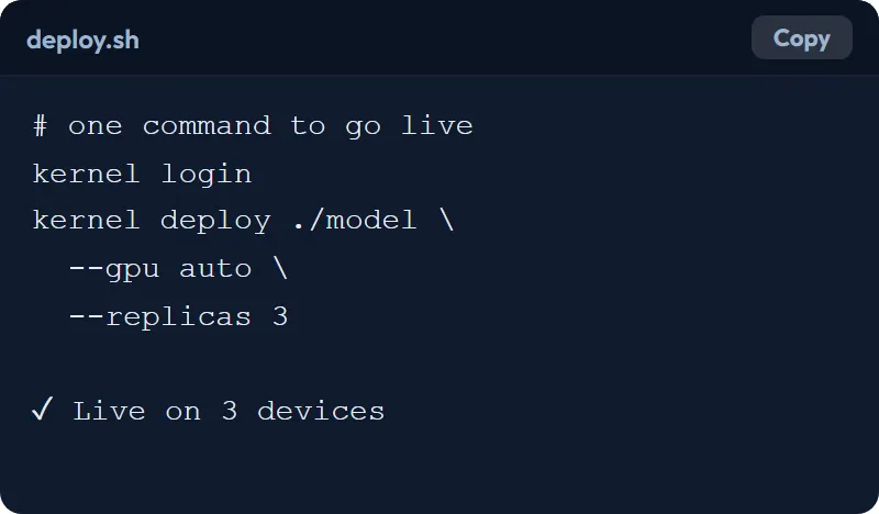 A dark code block named deploy.sh with a Copy button.