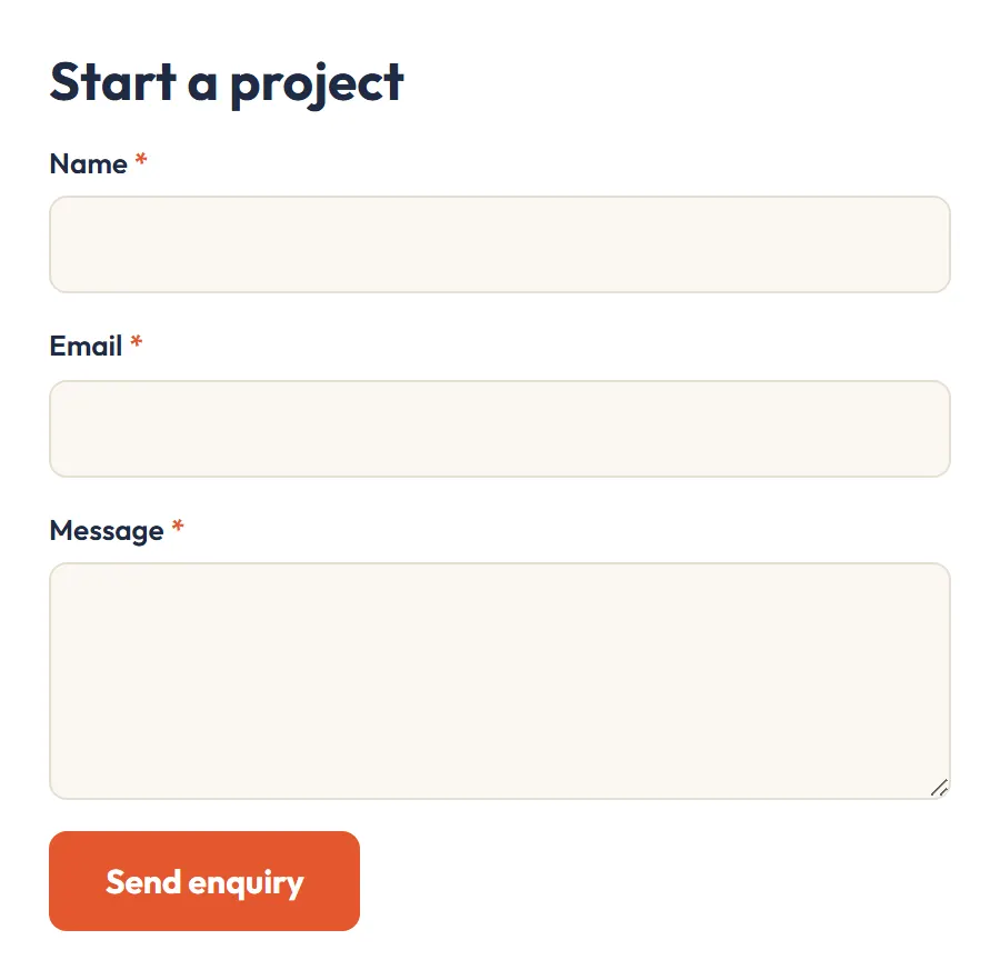 An enquiry form titled Start a project, with name, email and message fields.