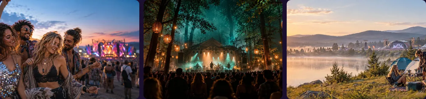 Three festival photos: friends dancing, a forest stage and a lakeside campsite.