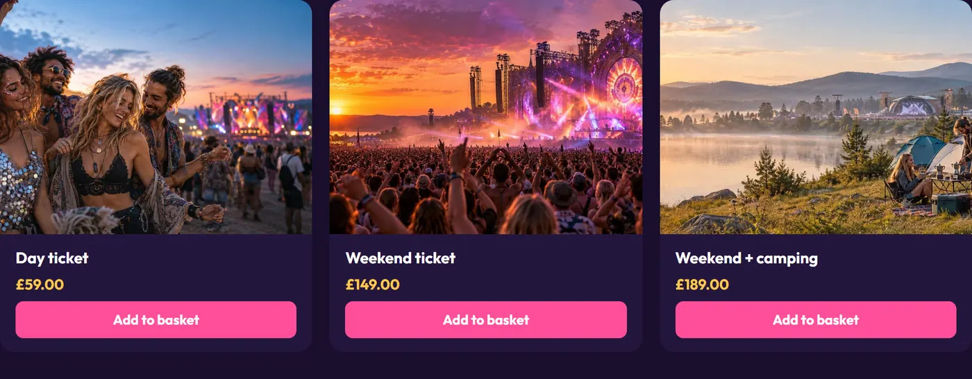 Three festival tickets with photos, prices and Add to basket buttons.