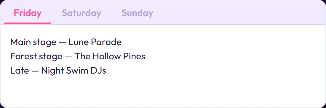 Tabs for Friday, Saturday and Sunday showing each day's acts.