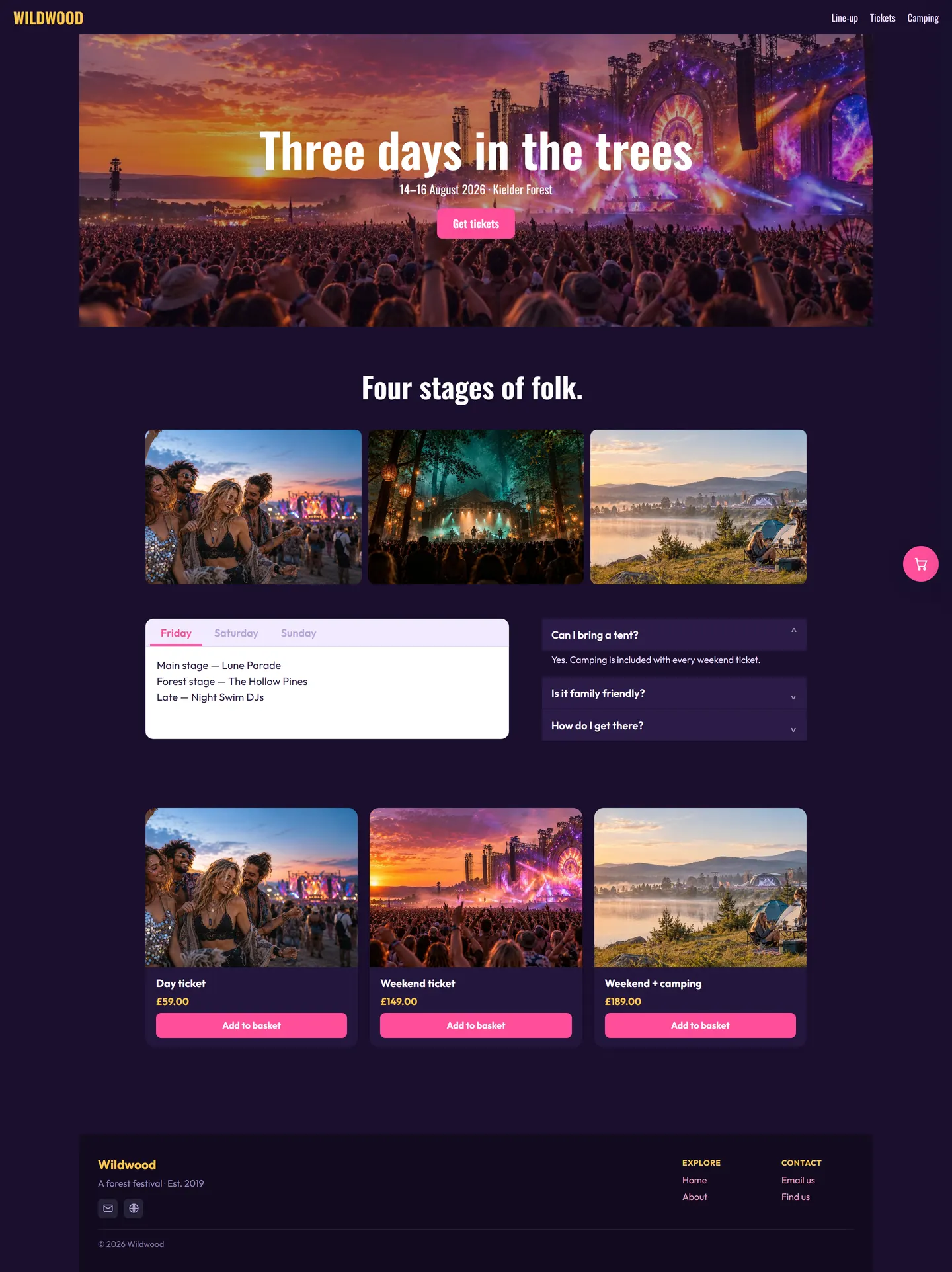 Wildwood, a music festival homepage: a main stage at sunset, typewriter text, a photo gallery, a line-up in tabs, an FAQ and tickets with a basket.