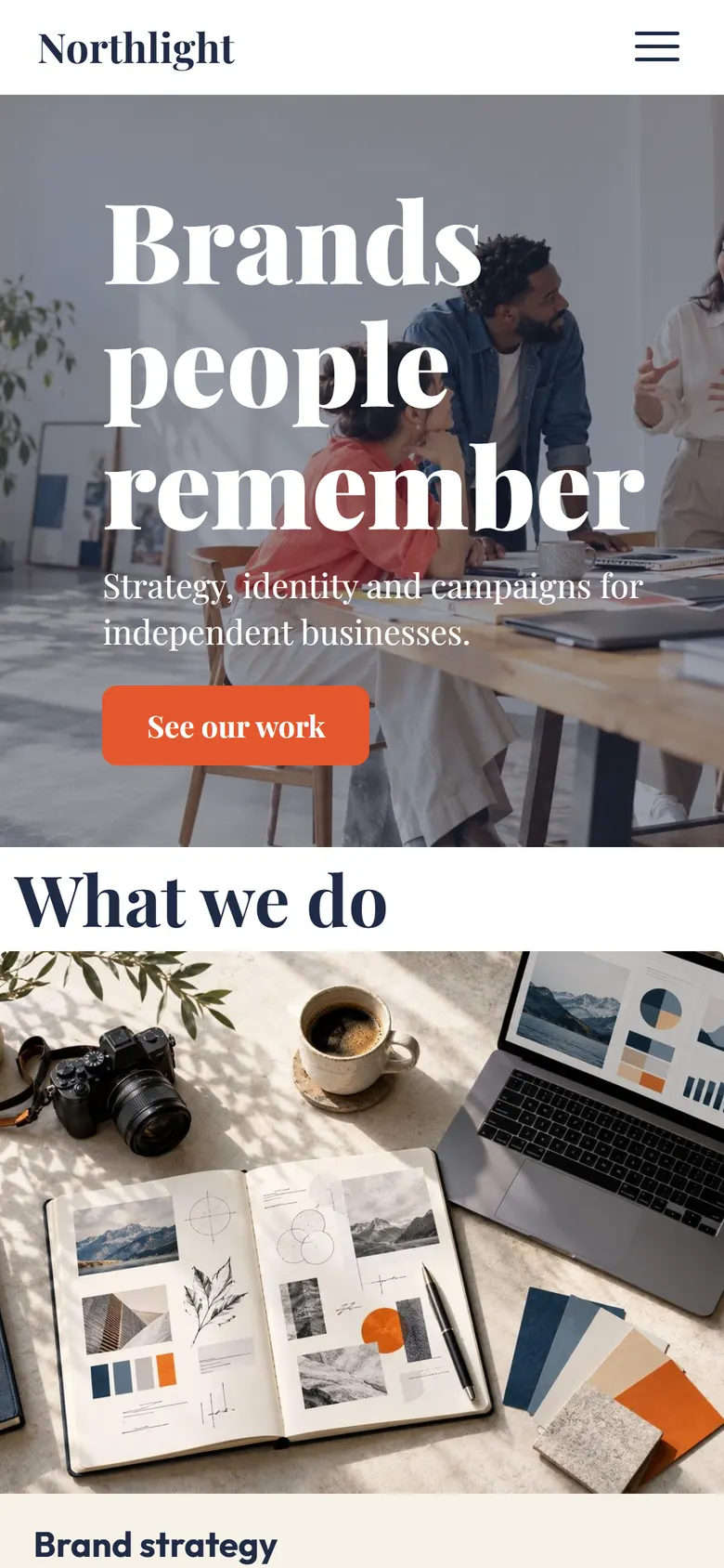 The same page on a phone, with the navigation collapsed into a menu button.