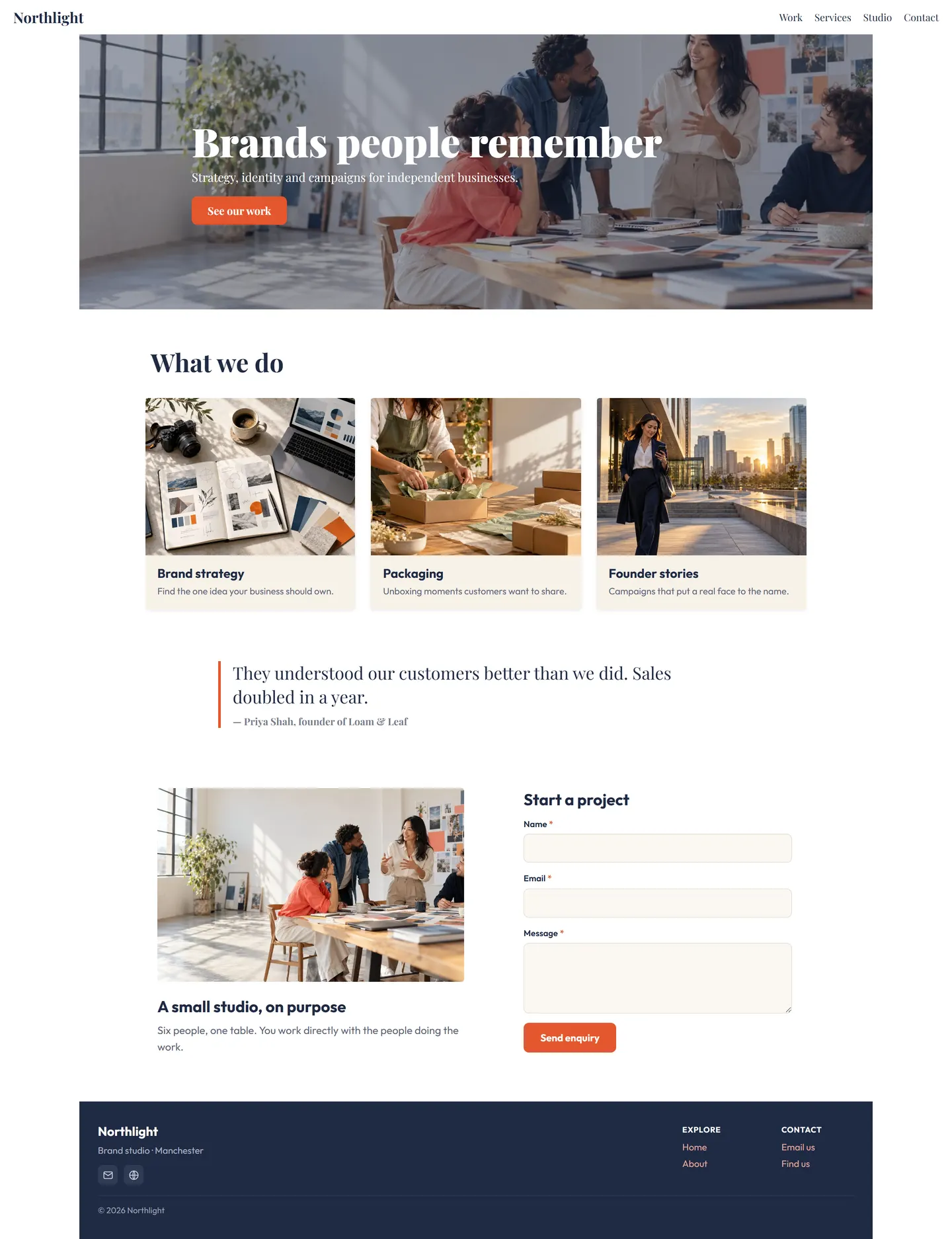 Northlight, a brand studio homepage: a team photo hero, three service cards, a client testimonial, a studio photo and an enquiry form.