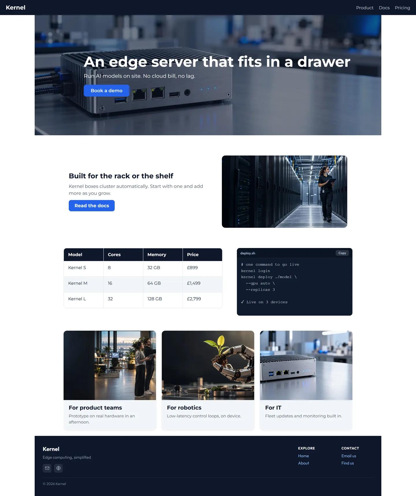 Kernel, a technology company homepage: an edge server hero, an image with text, a pricing table, a code sample and three audience cards.