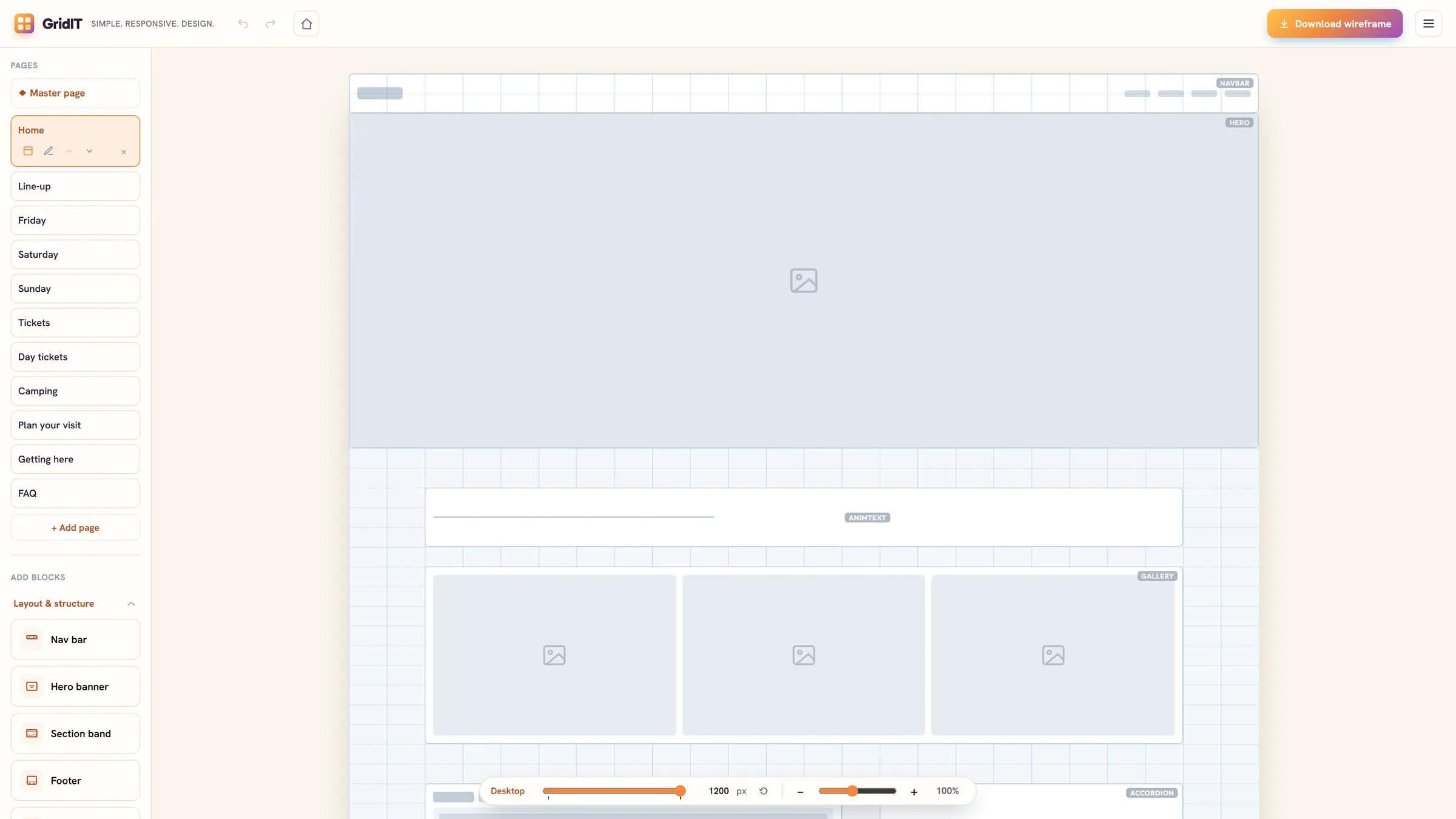 A wireframe of the festival homepage: grey shapes for the nav bar, hero, animated text and a gallery, with every sitemap page listed on the left.